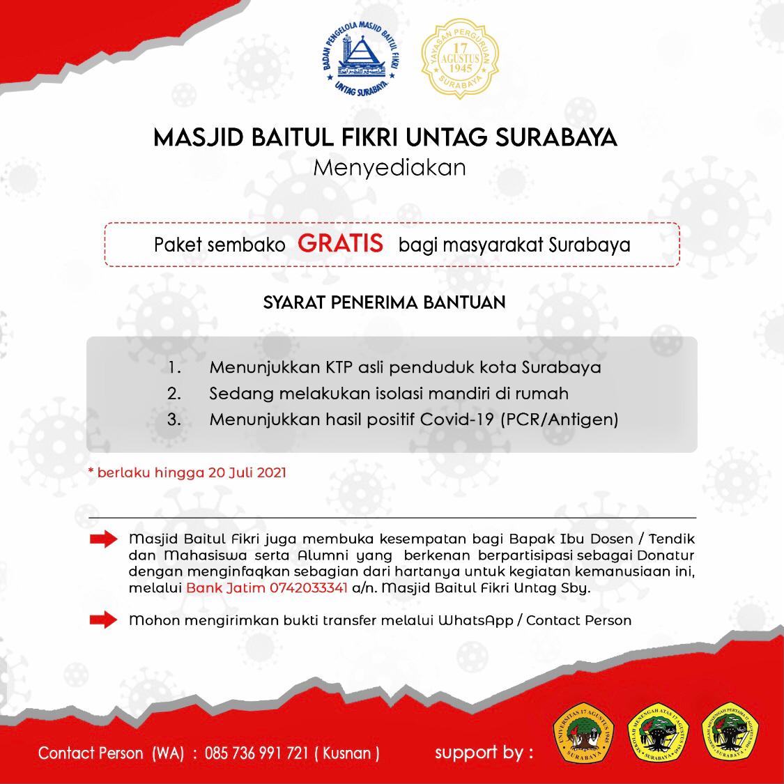 Kepedulian Pengelola Masjid Baitul Fikri Untag Surabaya terhadap situasi Covid-19 pada masa PPKM Darurat