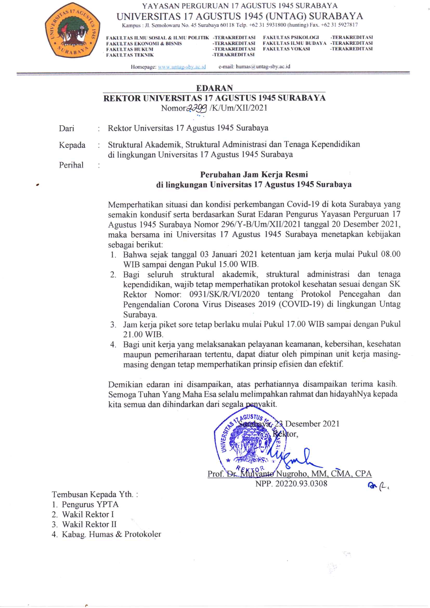 [EDARAN] PERUBAHAN JAM KERJA RESMI UNTAG SURABAYA TAHUN 2022