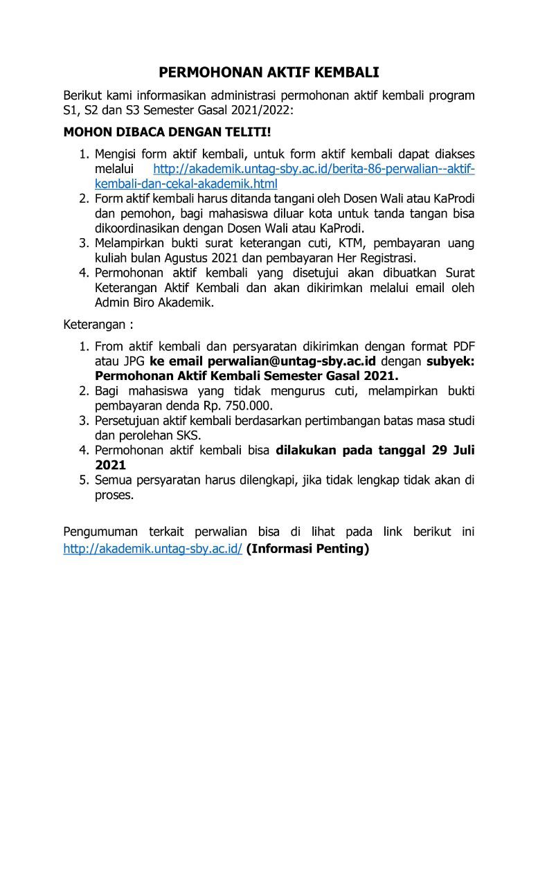 PERMOHONAN AKTIF KEMBALI MAHASISWA UNTAG SURABAYA