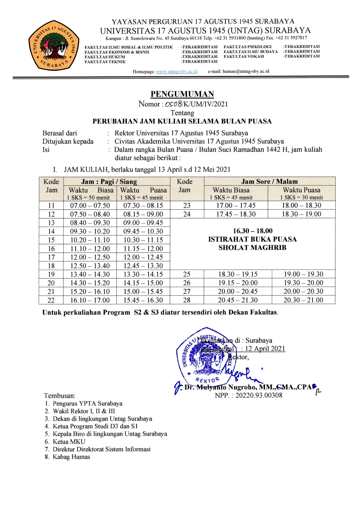 Perubahan Jam Kuliah Selama Bulan Puasa 2021